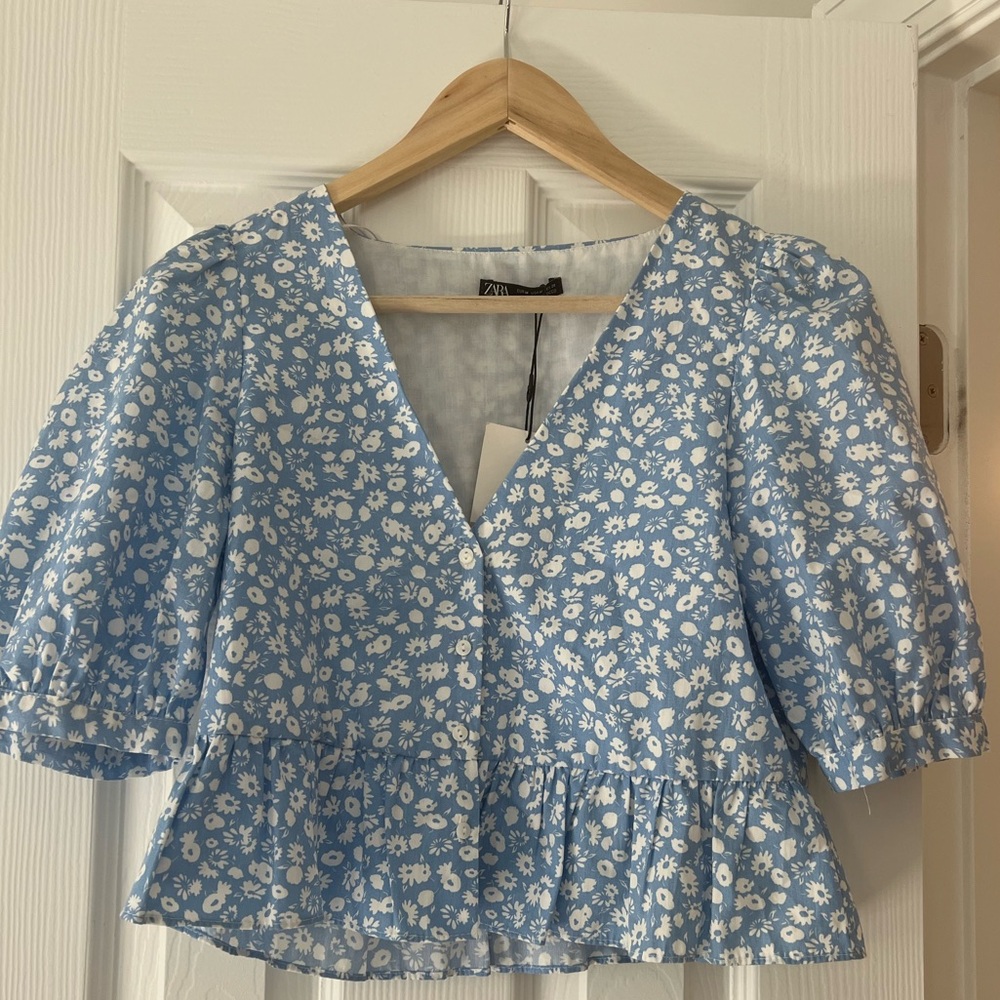 Zara Light Blue Floral V-Neck Peplum Blouse